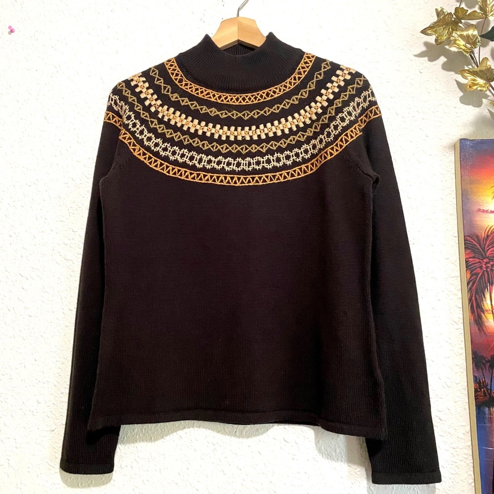 Rena Rowan Brown Mock Sweater Embroidered Yoke Wool silk angora rabbit Medium